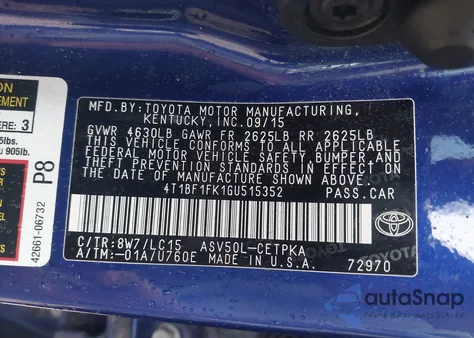 2016 Toyota Camry Le из США, поврежденный, VIN 4T1BF1FK1GU515352